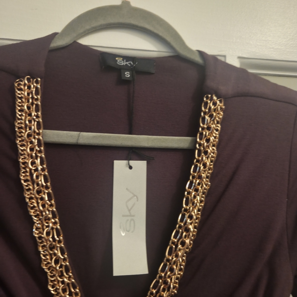 The Famous "SKY" BRAND Long Sleeve Brown Dress with Gold Embellish Details - Picture 2 of 9